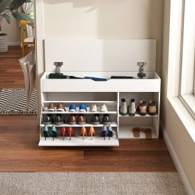 Entryway Bench with Shoe Storage,Adjustable 3-Tier Flip-Up Drawers & Hidden Cabinet,Space-Saving Shoe Organizer,Triple Storage and Modern Design