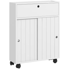 Toilet Paper Cabinet, Slim Bathroom Cabinet with 4 Rolling Wheels, Small Bathroom Storage Cabinet with Paper Holes