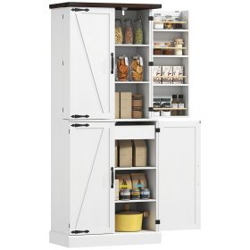 72" Tall Kitchen Pantry Cabinet, Farmhouse Storage Cabinet with 8 Door Racks and Adjustable Shelves, White