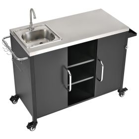 55.5" Outdoor Kitchen Island with Sink, Metal Grill Cart Table with 304 Stainless Steel Sink