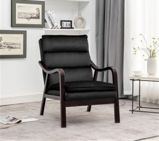 Mid-Century Modern Black Accent Chair with Wood Armrest, Upholstered Reading Chair for Living Room Bedroom