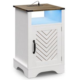 LED Nightstand with Charging Station, Farmhouse Wooden Side Table, Bedside Table with Storage Cabinet and Shelf, Rustic End Table for Bedroom