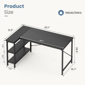 L-shaped office desk, 39-55inch computer desk, writing work desk with reversible storage rack (Color: black/55in)