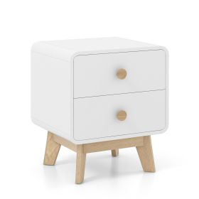Nightstand with 2 Drawers Solid Rubber Wood Legs (Color: White)