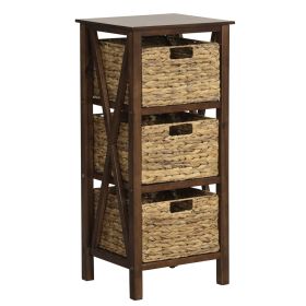 4-Tier Nightstand with 3 Seagrass Baskets Narrow X-Design-4 Tier (Color: brown)