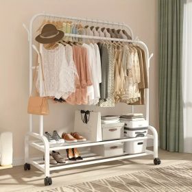 Sturdy Metal Double Rod Garment Rack with Wheels Portable Clothes Rack with Shelves and Hooks Heavy Duty Hanging Organizer for Clothes Bedroom La (Color: White)