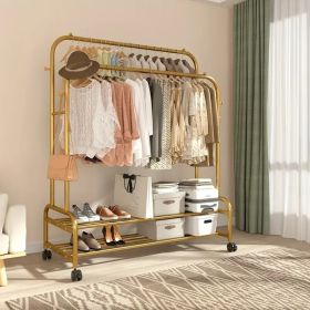 Sturdy Metal Double Rod Garment Rack with Wheels Portable Clothes Rack with Shelves and Hooks Heavy Duty Hanging Organizer for Clothes Bedroom La (Color: Golden Yellow)