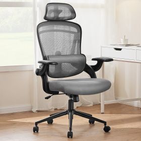 High Back Desk Chair with Adjustable Lumbar Support & Headrest,Comfortable Mesh Computer Chair with Soft Flip Up Arms, Adjustable Height and 120° (Color: Grey)