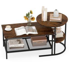 Coffee Table 2-Tier Rectangle Coffee Table and Side End Table with Storage Shelves (Color: Rustic Brown)