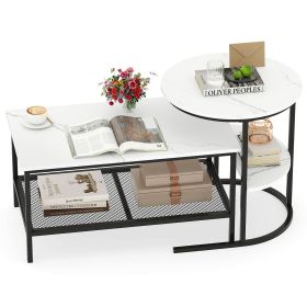 Coffee Table 2-Tier Rectangle Coffee Table and Side End Table with Storage Shelves (Color: White)