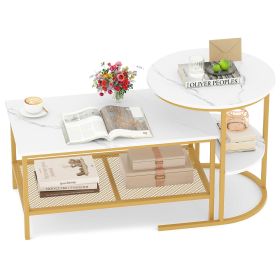Coffee Table 2-Tier Rectangle Coffee Table and Side End Table with Storage Shelves (Color: White & Gold)