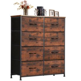 Dresser for Bedroom with 8 Drawers Tall Dresser & Chest of Drawers Fabric Dresser with Wood Top and Sturdy Steel Frame (Color: Rustic Brown)